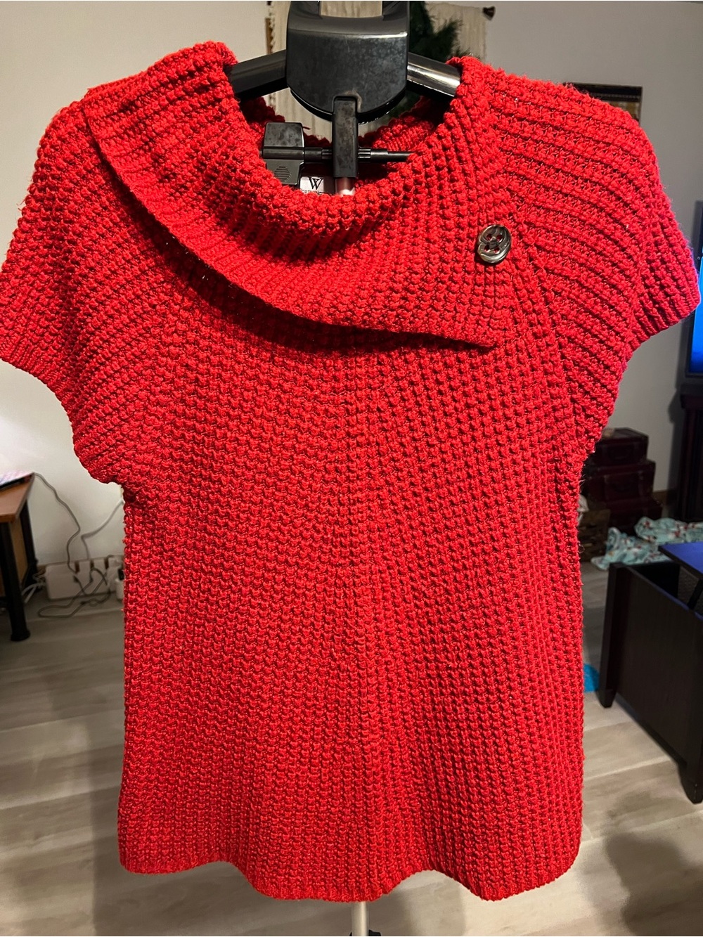 Worthington Red Short-Sleeve Buttoned Cowl Neck Sweater